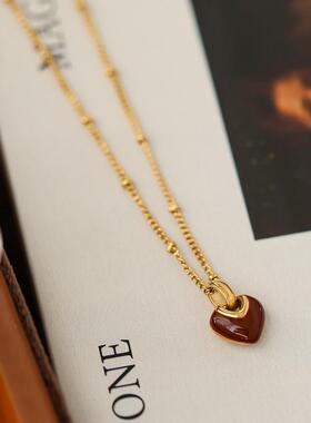 Vintage·古着【新品折扣】法式轻奢复古红色滴釉爱心项链女生时