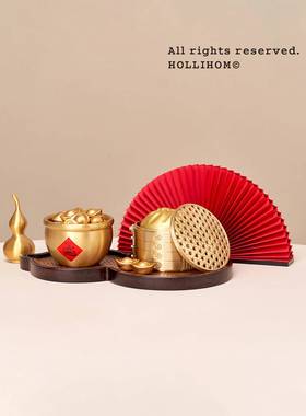 逅里「盆满富贵」黄铜聚宝盆 一桶金小摆件 八方来财招财开业装饰