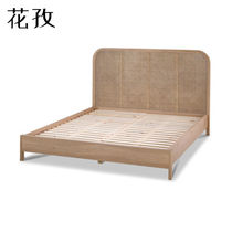 Rattan art bed modern minimalist double man bed Nordic rattan chic solid wood bed creative design white wax wood folk furniture with light and luxurious