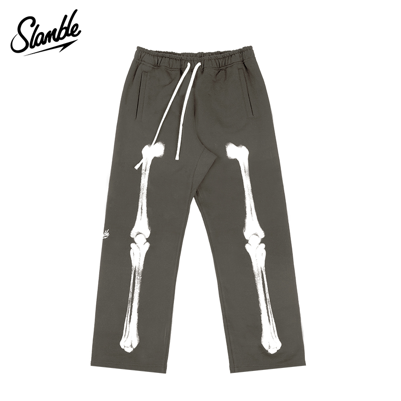 SLAMBLE秋冬新款美式骨头印花运动卫裤男潮牌街头滑板长裤直筒裤 - 图0