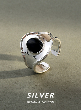 Yooper纯银黑玛瑙锤纹戒指男女925银轻奢潮酷个性冷淡小众可调节