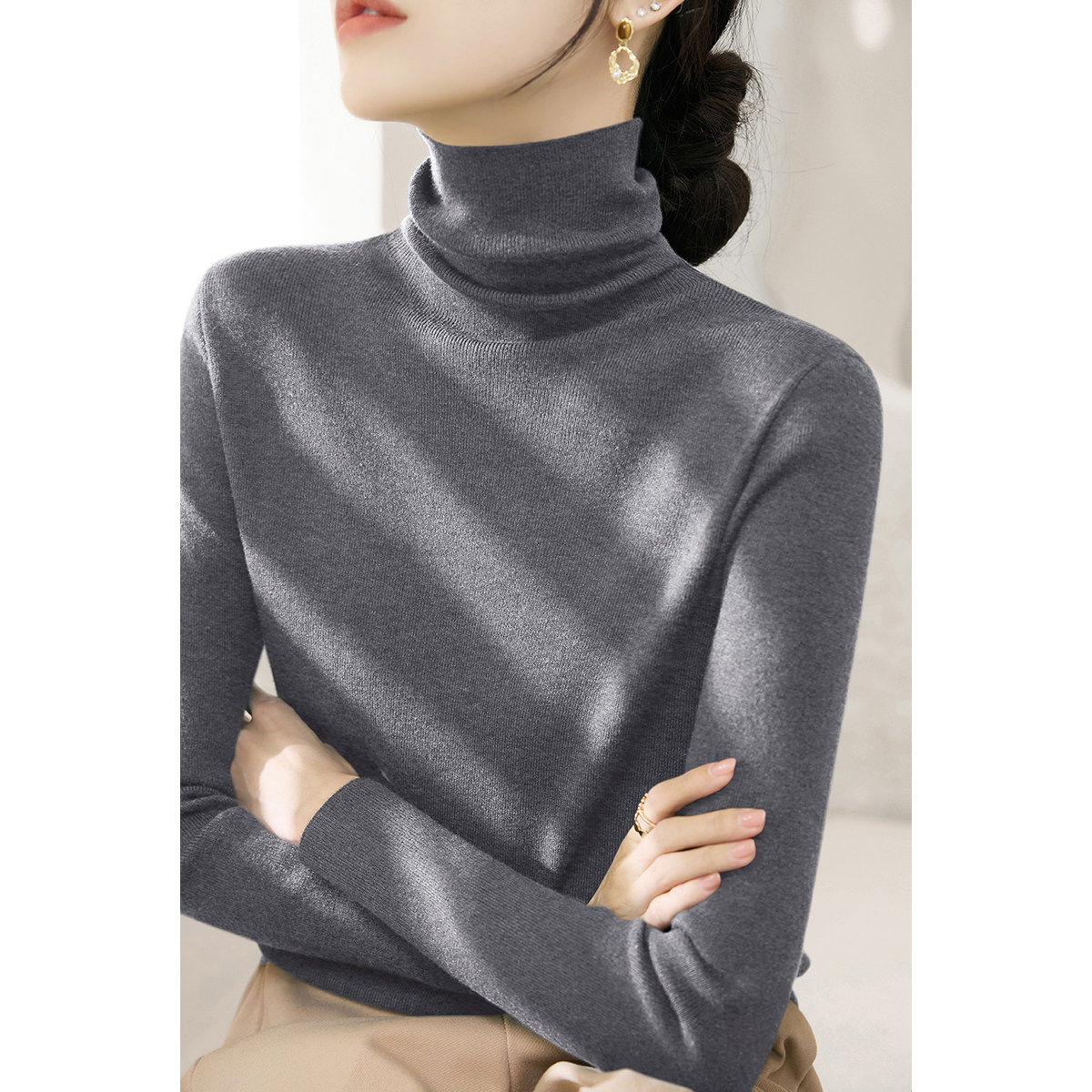 冬季新款深棕色长袖针织衫女大衣外套修身内搭打底上衣堆堆领毛衣,淘宝优惠券,粉丝福利购,淘宝优惠卷