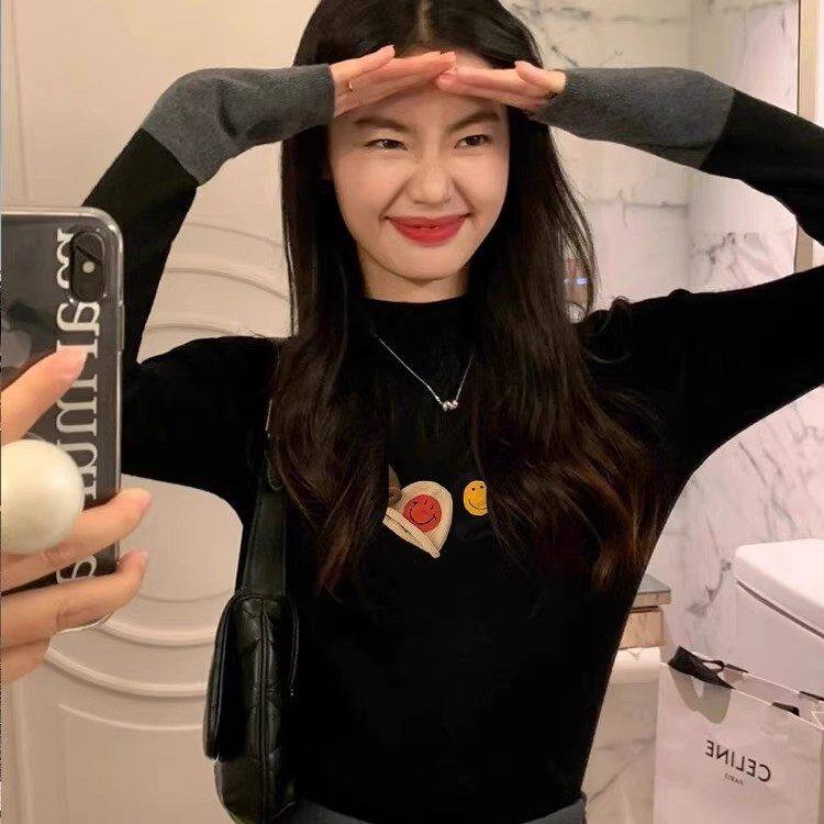 巨好看撞色长袖针织衫内搭秋冬印花卡通修身半高领打底毛衣女上衣,淘宝优惠券,粉丝福利购,淘宝优惠卷