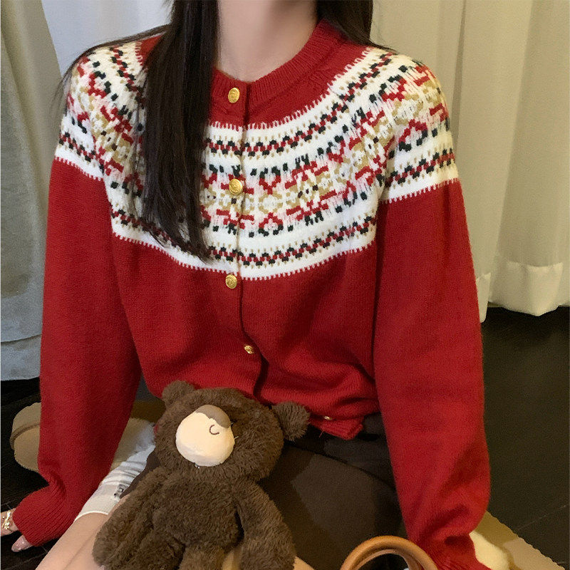 红色费尔岛风针织开 衫外套女2025年春秋新款毛衣内搭长袖打底上,淘宝优惠券,粉丝福利购,淘宝优惠卷