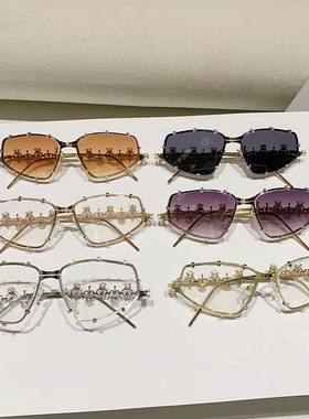 韩版GM金属透明色素颜镶钻眼镜2024新款水钻装饰圆脸平光护目镜女