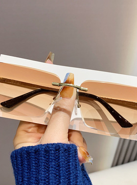 欧美新款太阳镜曲面无框切边金属架女士墨镜miu装饰太阳眼镜时尚