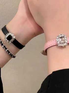 彩色宝石皮革手链小众设计高级感女甜酷辣妹ins网红腕带百搭气质