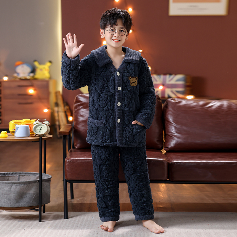 冬季儿童法兰绒睡衣女童女孩加厚款夹棉男童加绒珊瑚绒家居服套装 - 图3