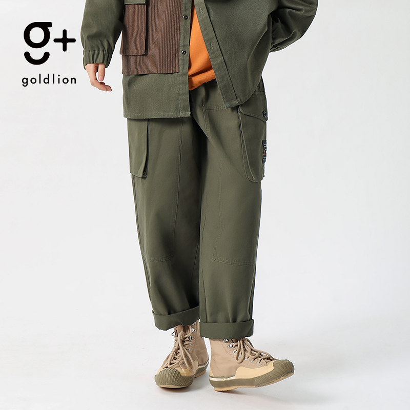 金利来 g+阿美咔叽风大贴袋工装长裤直筒阔腿裤子男 - 图0