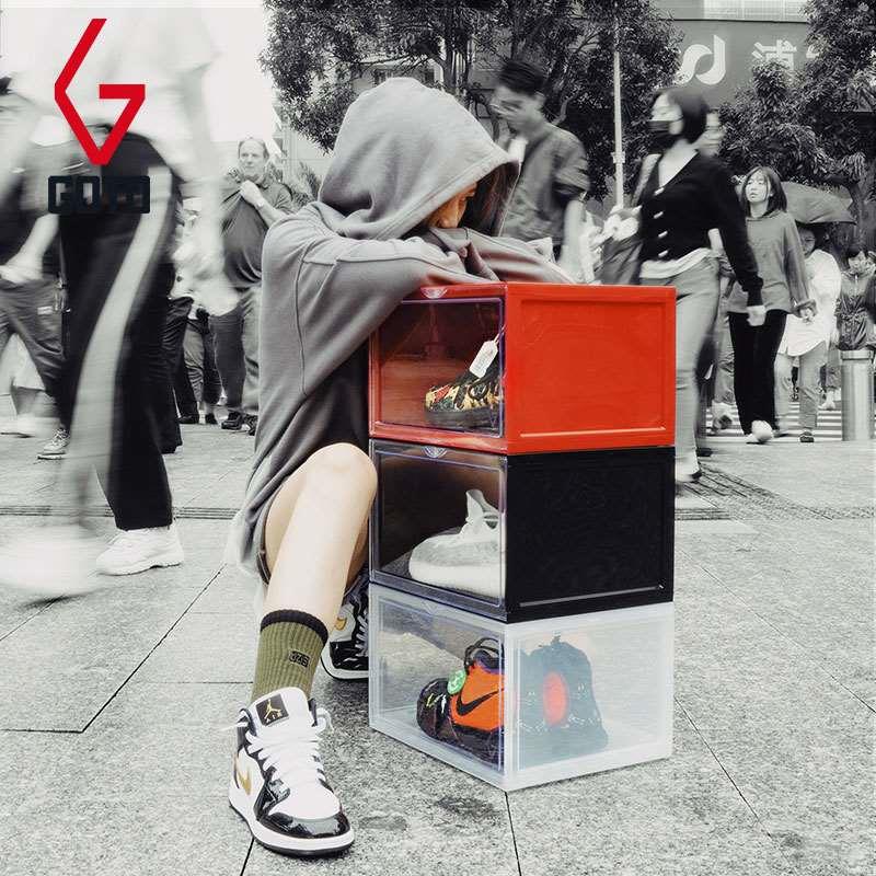 GOTO鞋盒球鞋收纳盒红色侧开防氧化防尘20个装鞋柜鞋架透明展示盒 - 图1