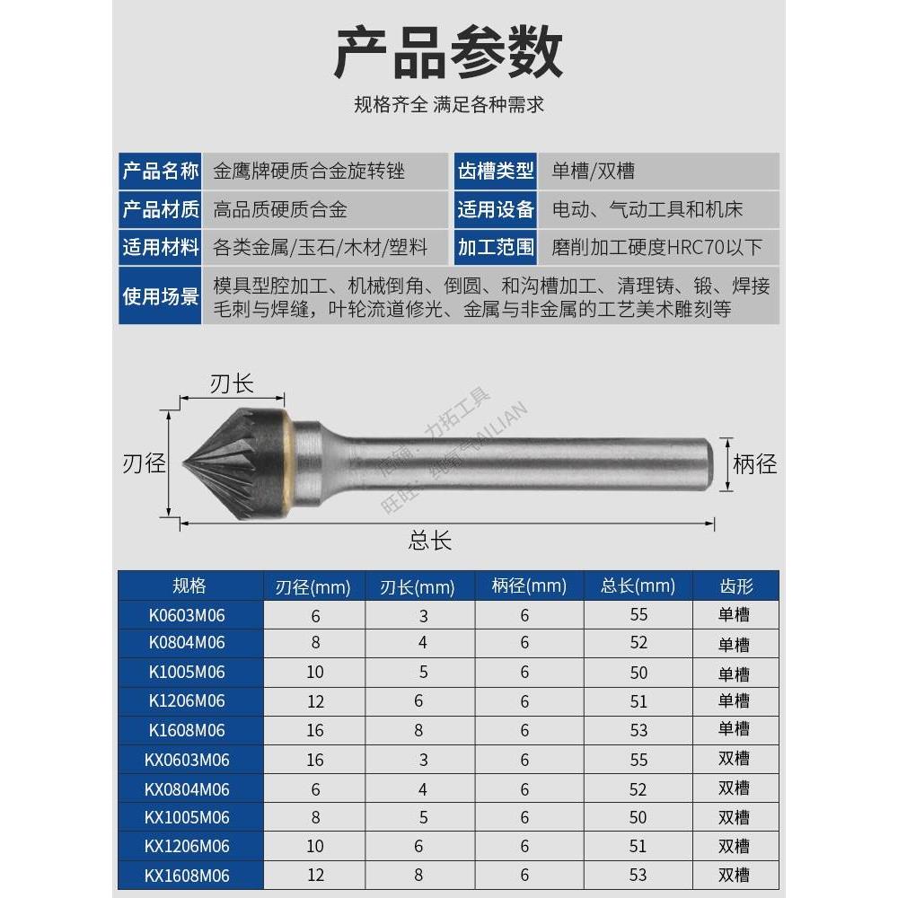 金鹰硬质合金旋转锉90度圆锥形钨钢尖磨头K1206M06KX1005丰华刃具 - 图1