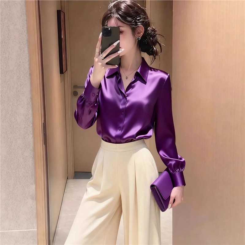 251037新款紫色真丝衬衫女长袖翻领通勤职业装高级感气质上衣 - 图3