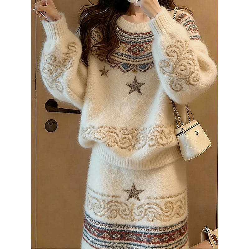 费尔岛风针织套装女秋冬慵懒风提花毛衣半身裙两件套小个子穿搭,淘宝优惠券,粉丝福利购,淘宝优惠卷