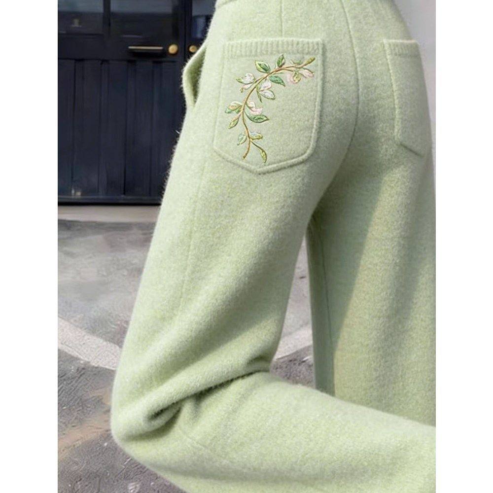 高腰花朵刺绣阔腿裤女绿色时尚显瘦慵懒风休闲裤2026春季新款裤子,淘宝优惠券,粉丝福利购,淘宝优惠卷