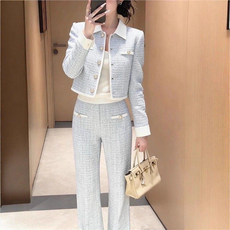 2025冬季新款时尚小香风粗花呢蓝色短外套女金属扣千金风名媛套装,淘宝优惠券,粉丝福利购,淘宝优惠卷