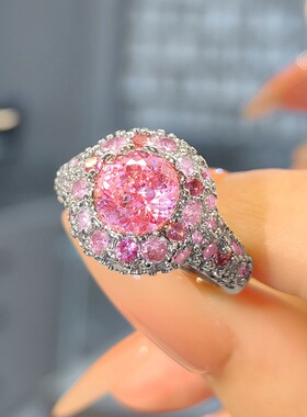 玫瑰殿下渐变粉钻鸟巢切戒指满钻豪镶中古老钱风超闪满天星女戒