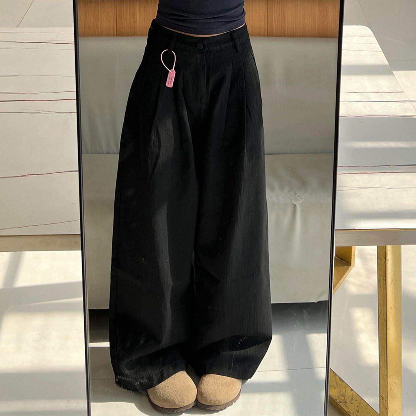 胖mm大码美式高街显瘦黑色阔腿牛仔裤女高级感简约百搭休闲长裤子,淘宝优惠券,粉丝福利购,淘宝优惠卷