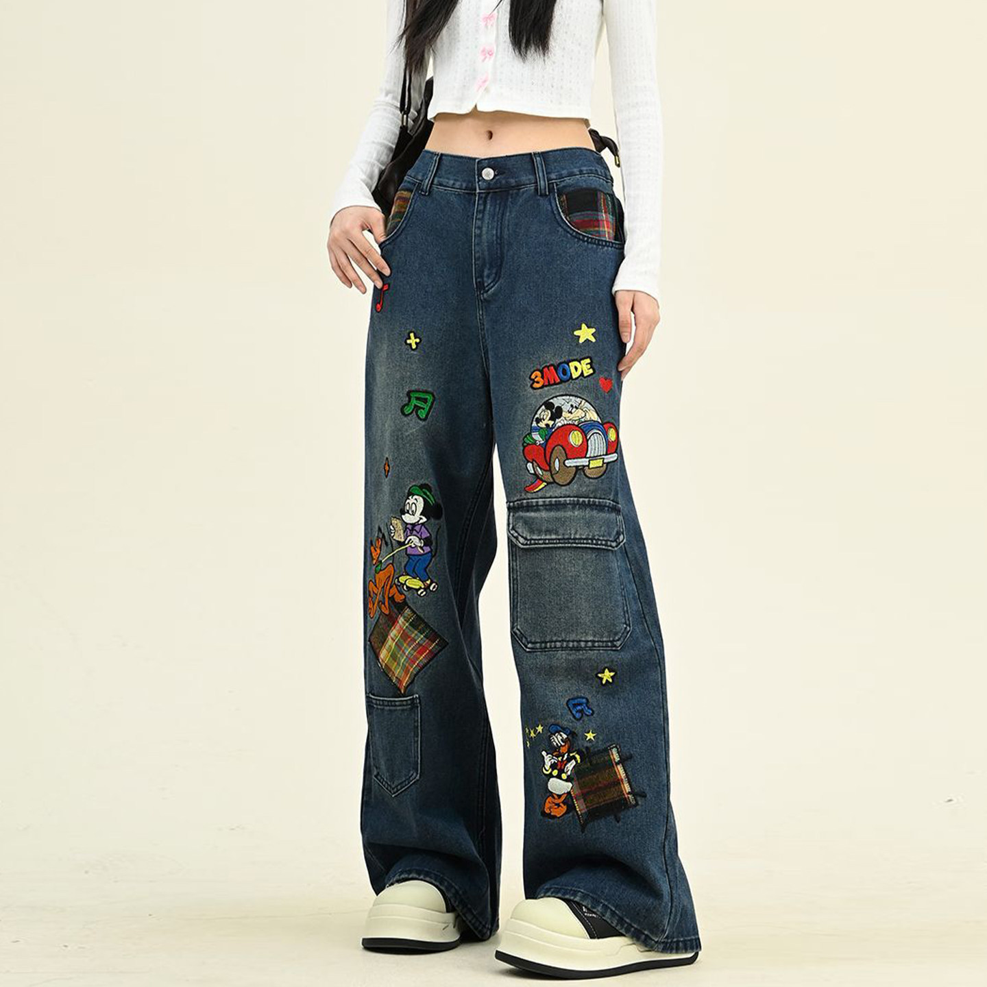 300斤特大码设计感趣味刺绣牛仔裤女胖mm美式复古辣妹风阔腿裤子,淘宝优惠券,粉丝福利购,淘宝优惠卷