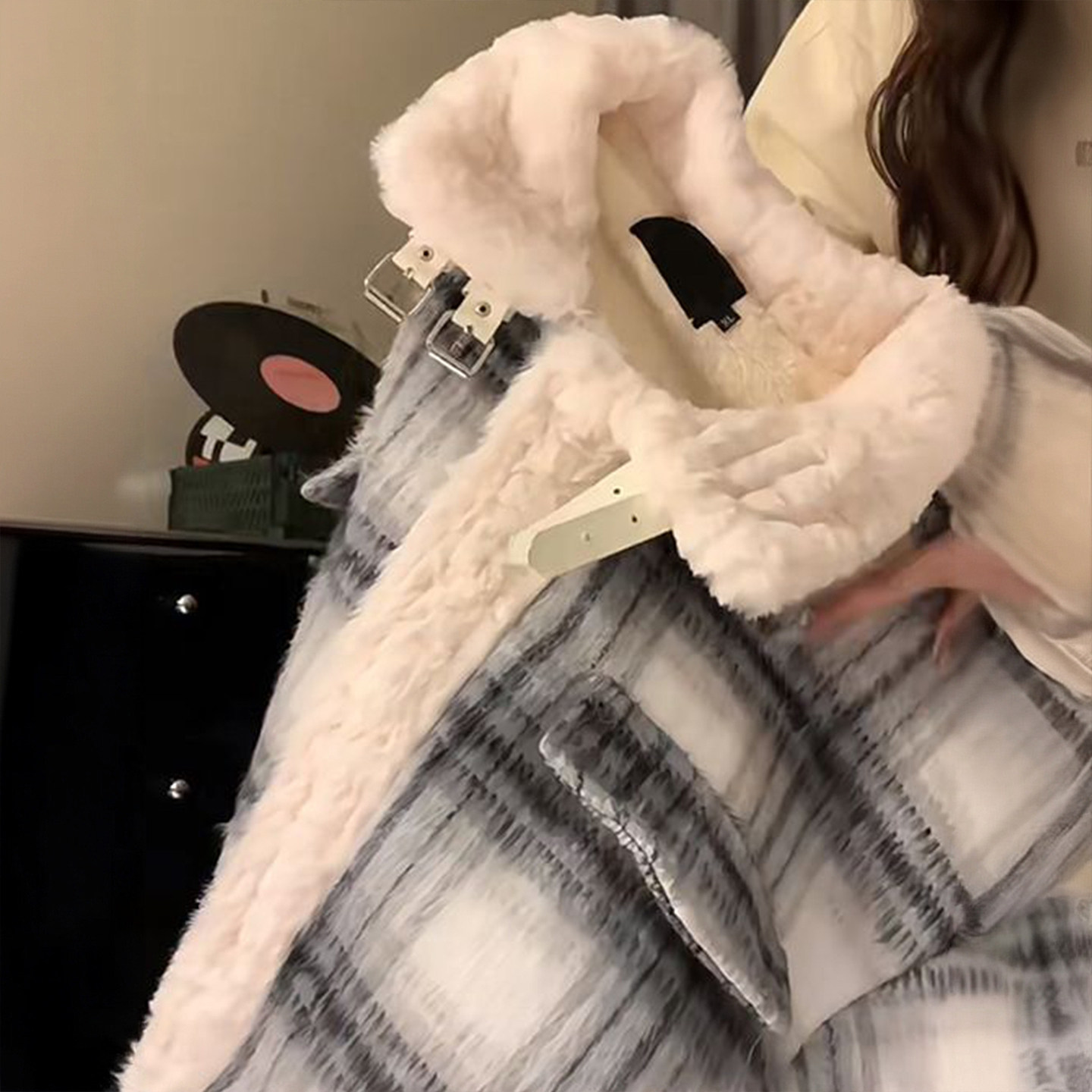 大码女装胖mm独特好看格子翻领棉服女韩版宽松显瘦设计感棉衣外套,淘宝优惠券,粉丝福利购,淘宝优惠卷