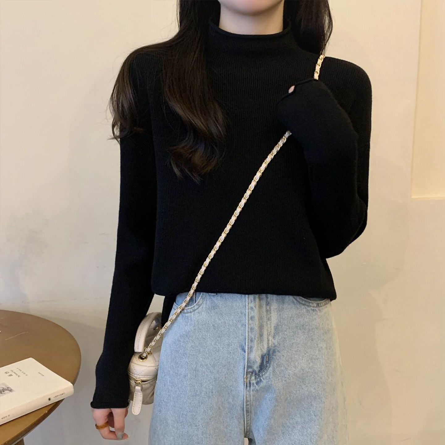 大码胖mm黑色显瘦针织打底衫毛衣女冬季保暖半高领设计感加厚上衣,淘宝优惠券,粉丝福利购,淘宝优惠卷