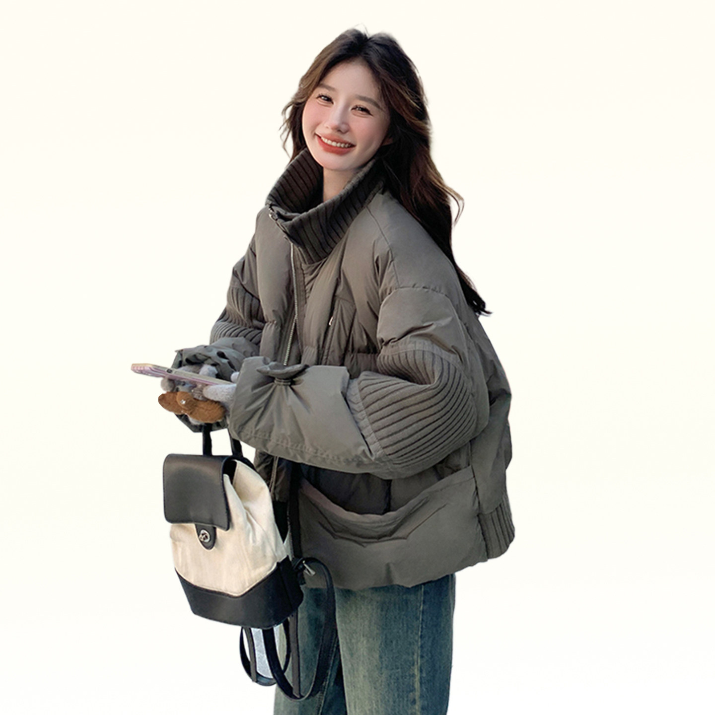 300斤大码女装宽松设计感立领棉服上衣女冬季防寒保暖灰绿色棉衣 - 图3