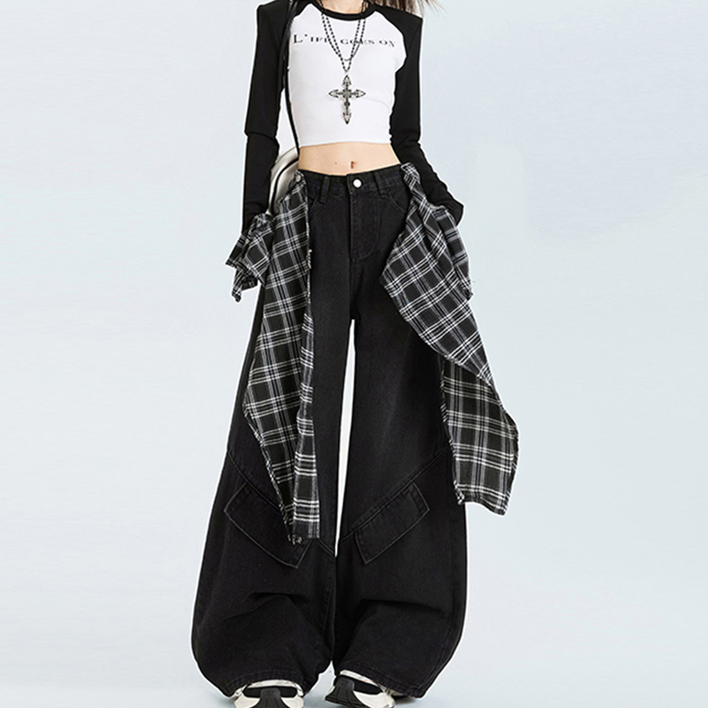 大码女装美式辣妹风直筒牛仔裤女胖mm女裤黑色高级感气质阔腿裤子,淘宝优惠券,粉丝福利购,淘宝优惠卷