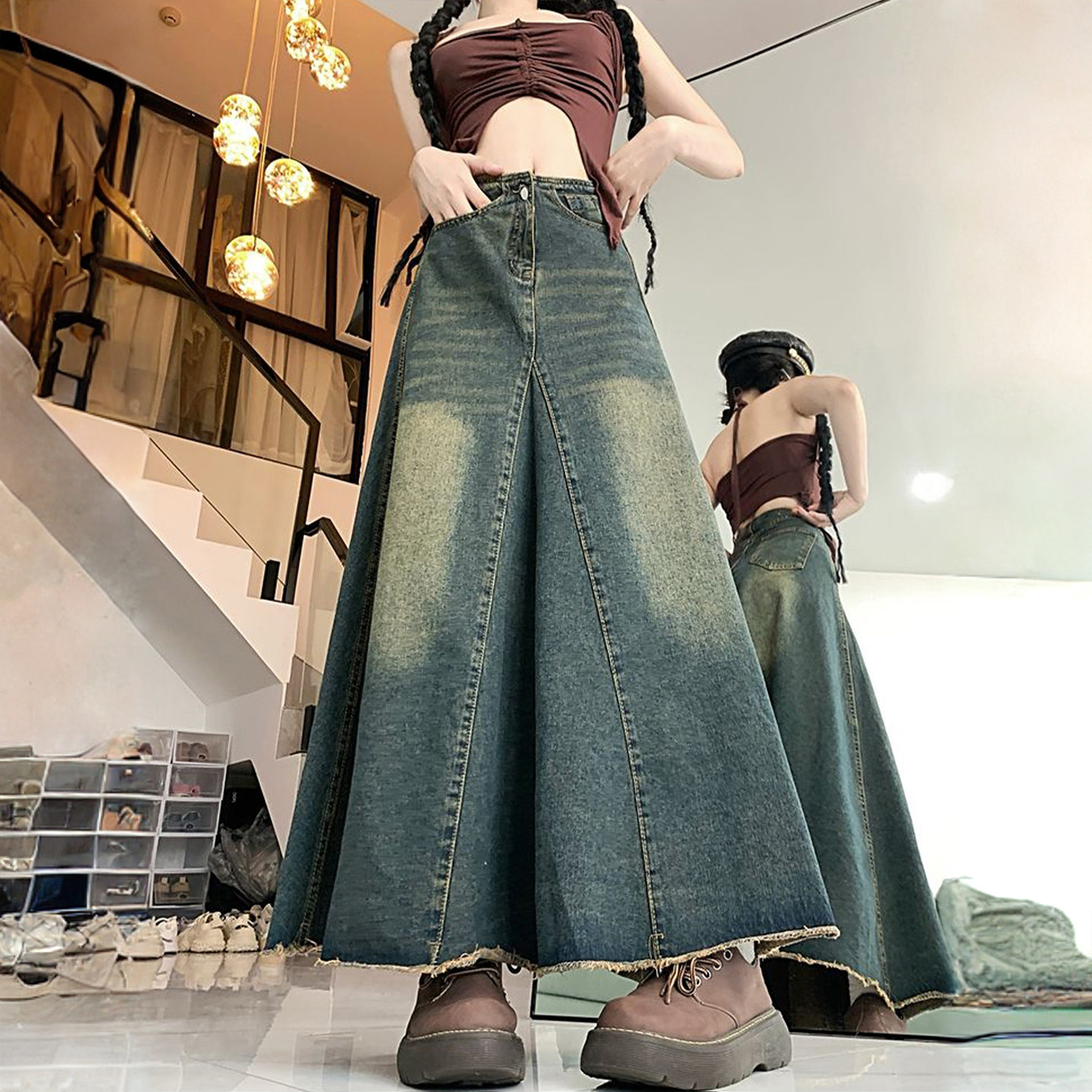 胖mm韩版宽松牛仔半身裙女新款大码中长款美式穿搭a字鱼尾大摆裙,淘宝优惠券,粉丝福利购,淘宝优惠卷