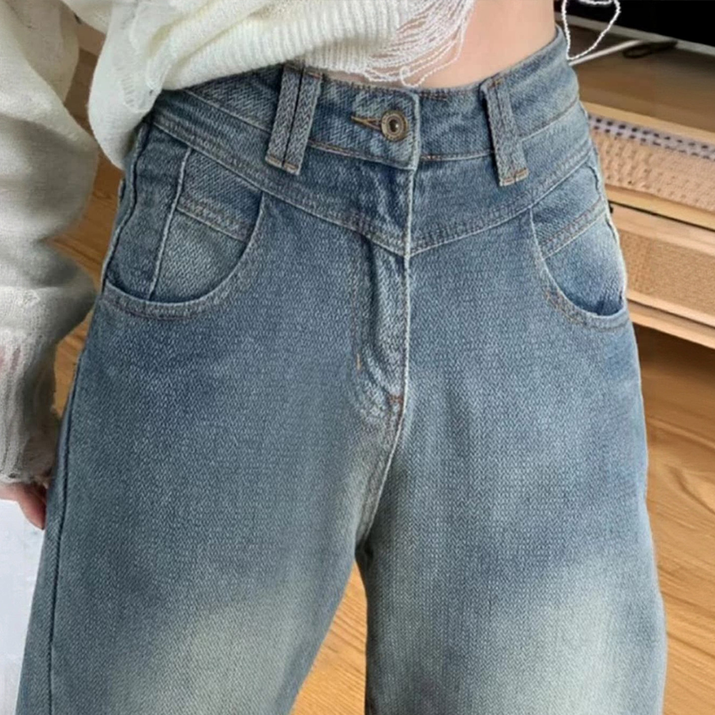 胖mm特大码星空纹设计加绒牛仔裤女美式小众宽松保暖加厚阔腿长裤,淘宝优惠券,粉丝福利购,淘宝优惠卷