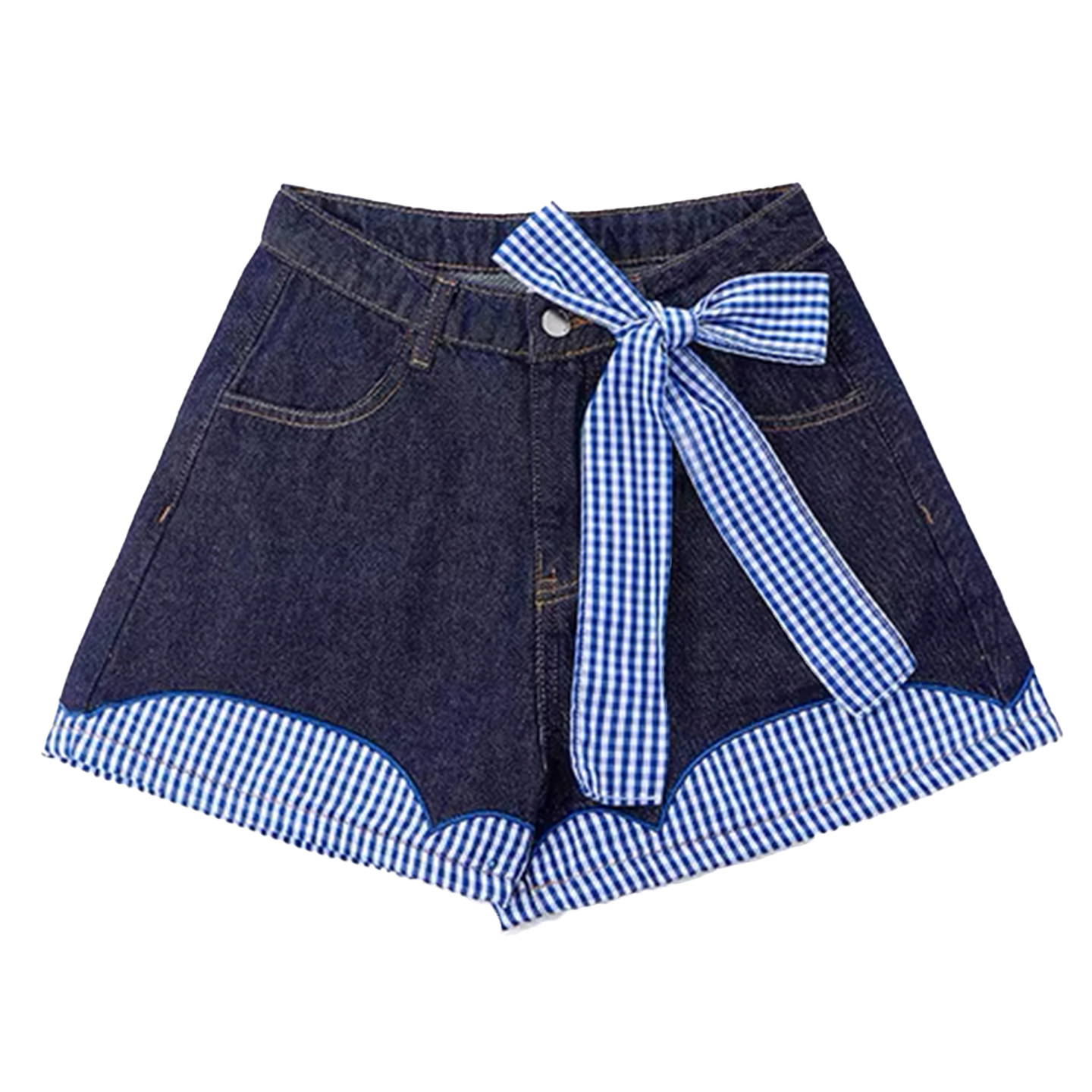 大码女装深蓝色格子蝴蝶结绑带牛仔短裤女胖mm美式高街辣妹热裤子,淘宝优惠券,粉丝福利购,淘宝优惠卷