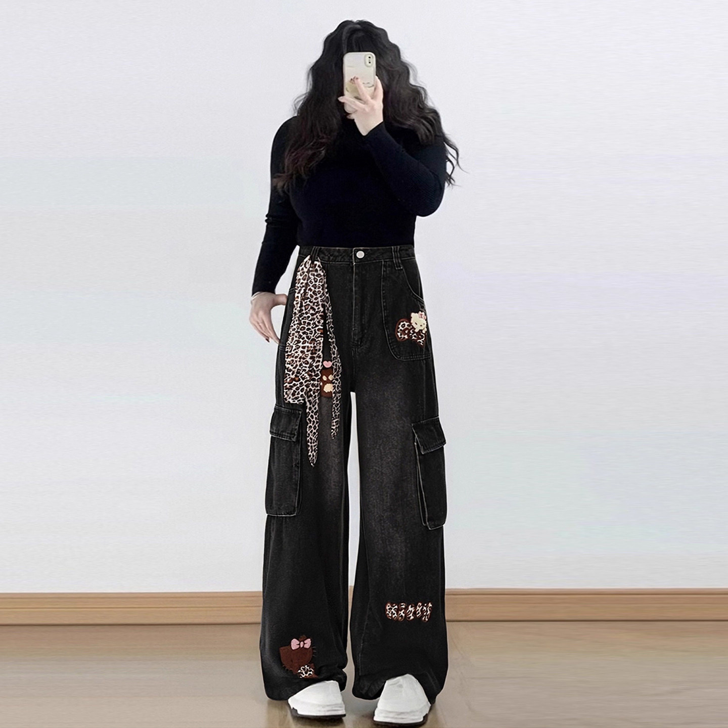 300斤大码女装美式豹纹刺绣牛仔裤女胖mm复古街头风显瘦阔腿裤子,淘宝优惠券,粉丝福利购,淘宝优惠卷