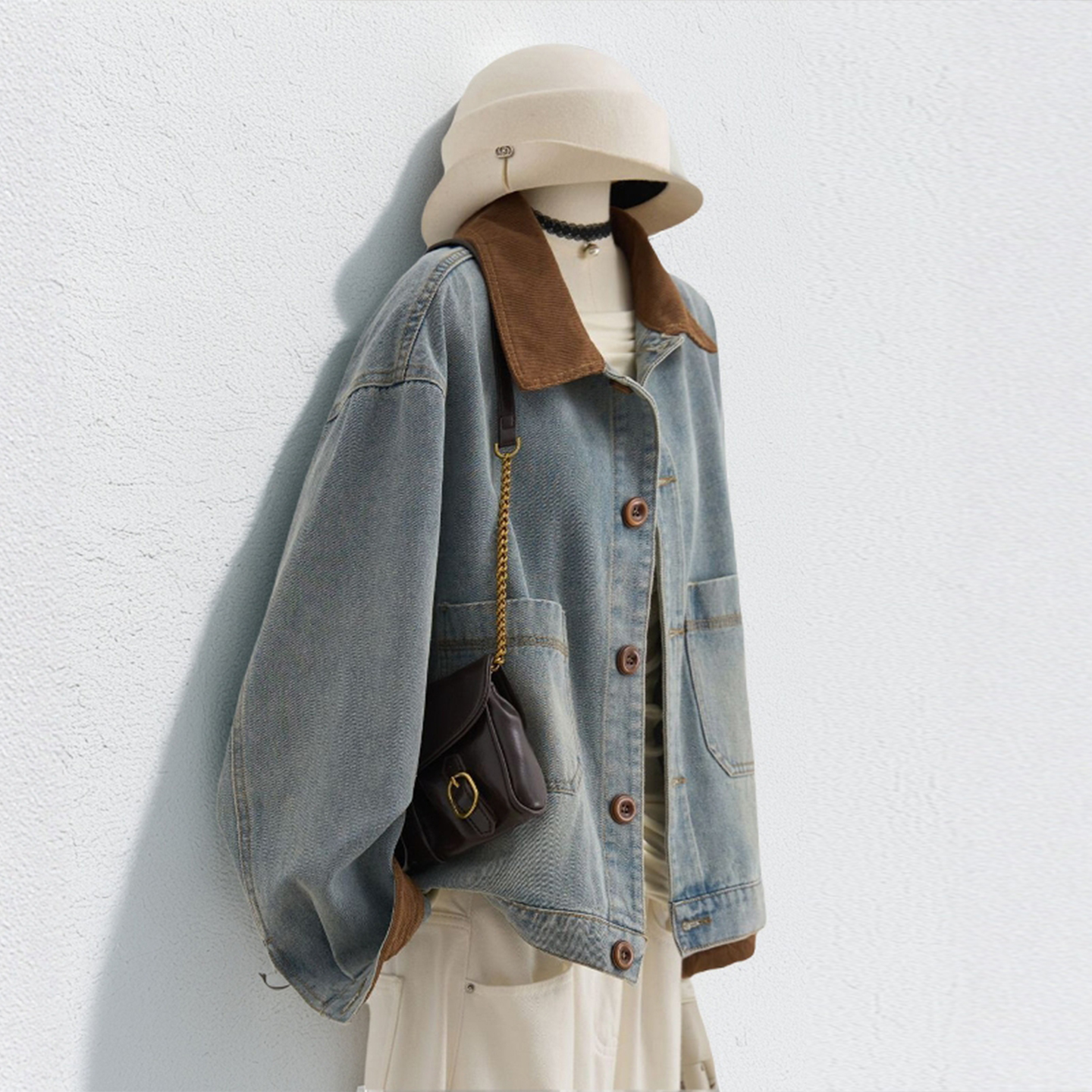 特大码蓝色复古拼接翻领牛仔外套女秋季胖mm韩系洋气百搭夹克上衣 - 图0