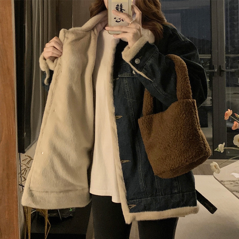 300斤大码女装胖mm韩版翻领加绒牛仔外套女新款复古机车夹克棉服,淘宝优惠券,粉丝福利购,淘宝优惠卷