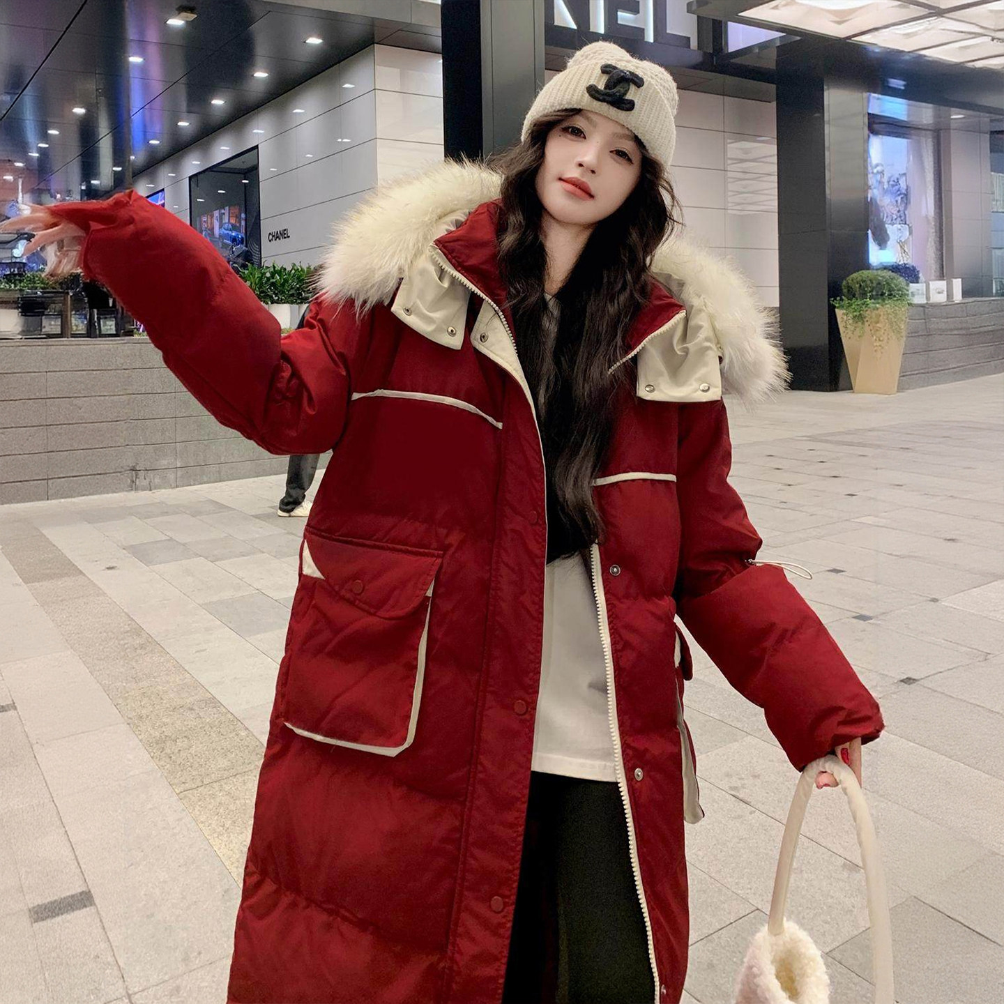 大码女装红色过膝长款保暖羽绒棉服女胖mm气质减龄毛领连帽厚外套,淘宝优惠券,粉丝福利购,淘宝优惠卷