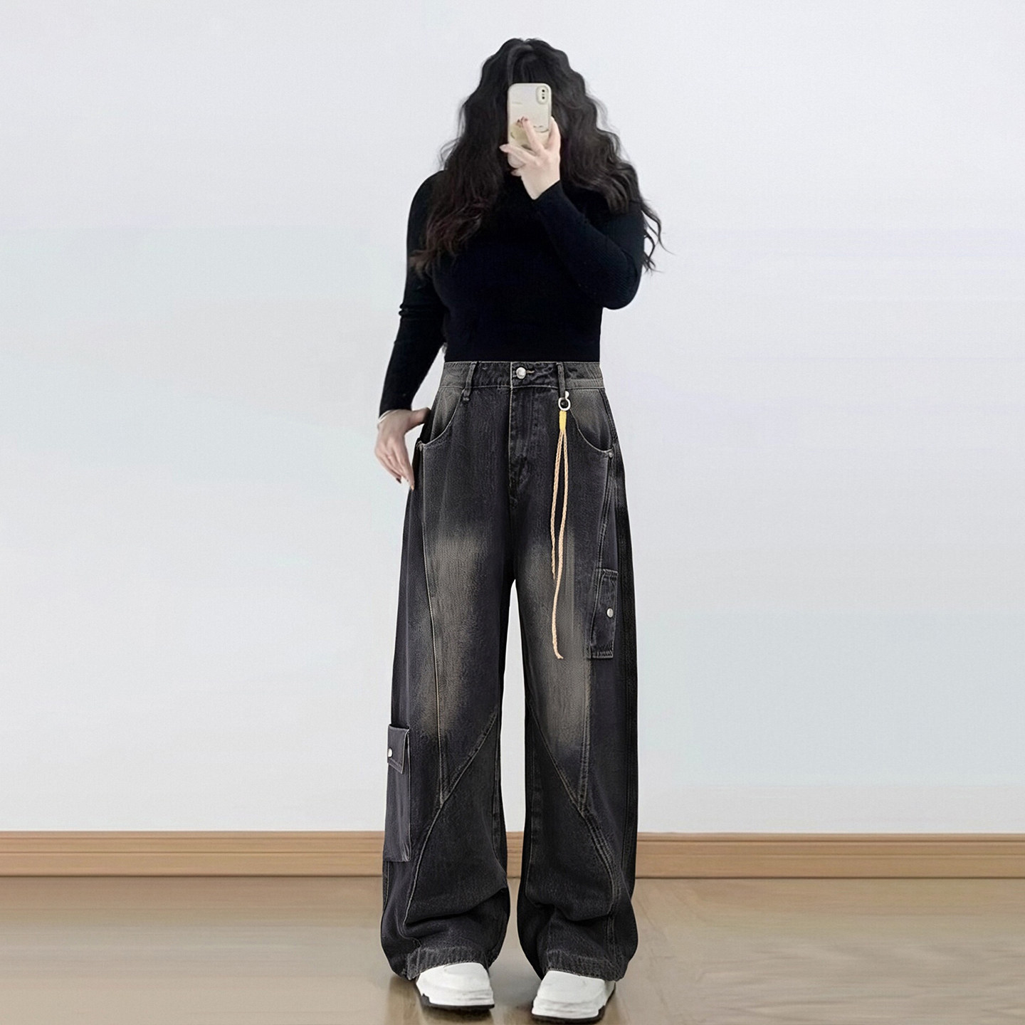 300斤特大码复古做旧水洗牛仔裤女胖mm美式高腰显瘦黑色阔腿裤子,淘宝优惠券,粉丝福利购,淘宝优惠卷