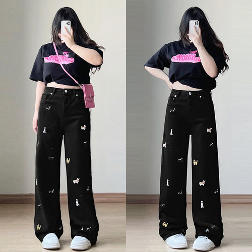大码胖mm黑色牛仔裤女超火的趣味小狗刺绣裤子加绒宽松直筒长裤子 - 图1