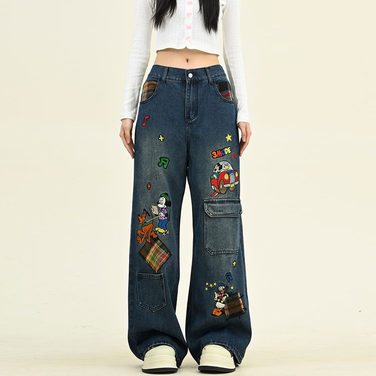 300斤特大码设计感趣味刺绣牛仔裤女胖mm美式复古辣妹风阔腿裤子,淘宝优惠券,粉丝福利购,淘宝优惠卷
