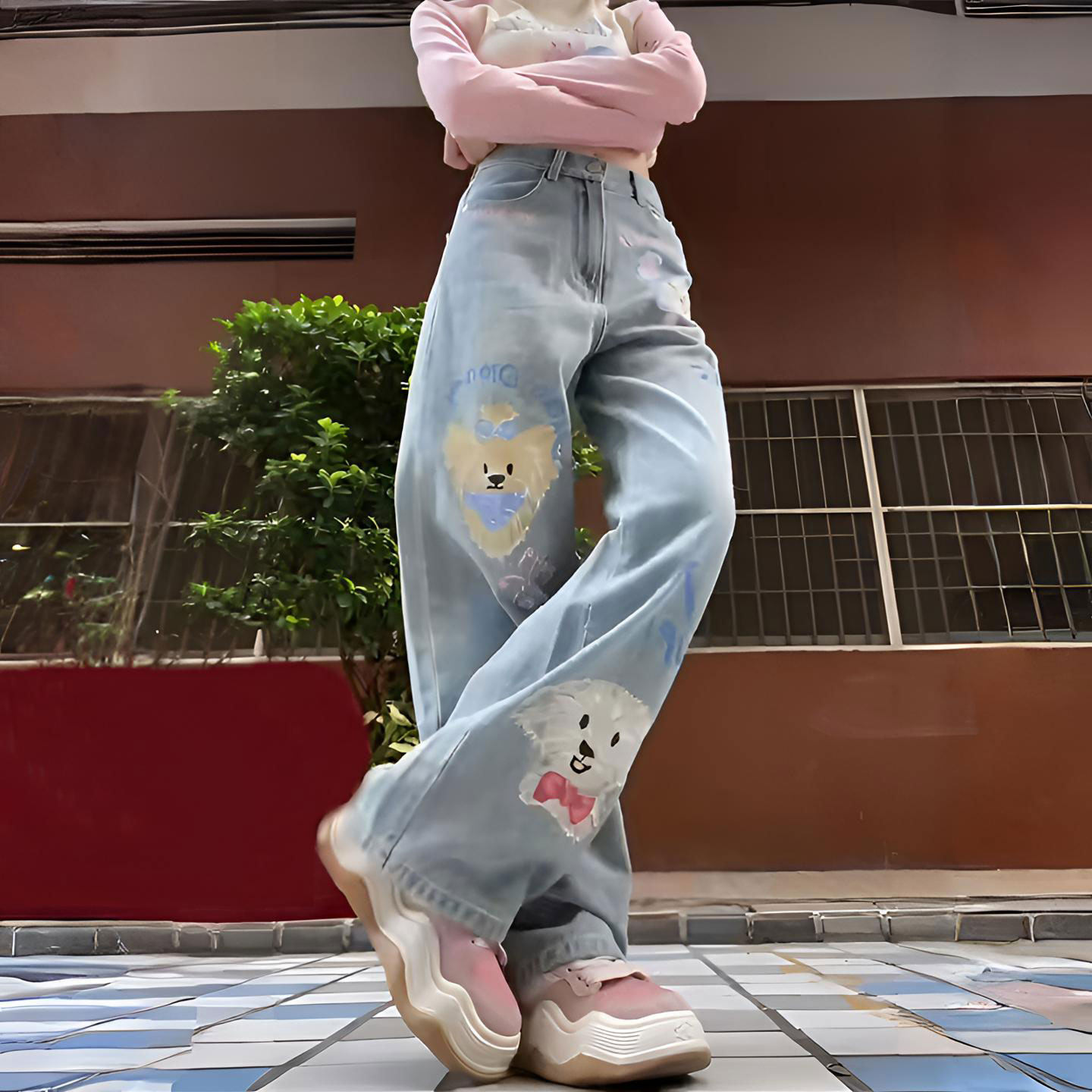 胖mm特大码女装美式卡通印花牛仔裤女韩系学院风显瘦垂感直筒裤子,淘宝优惠券,粉丝福利购,淘宝优惠卷