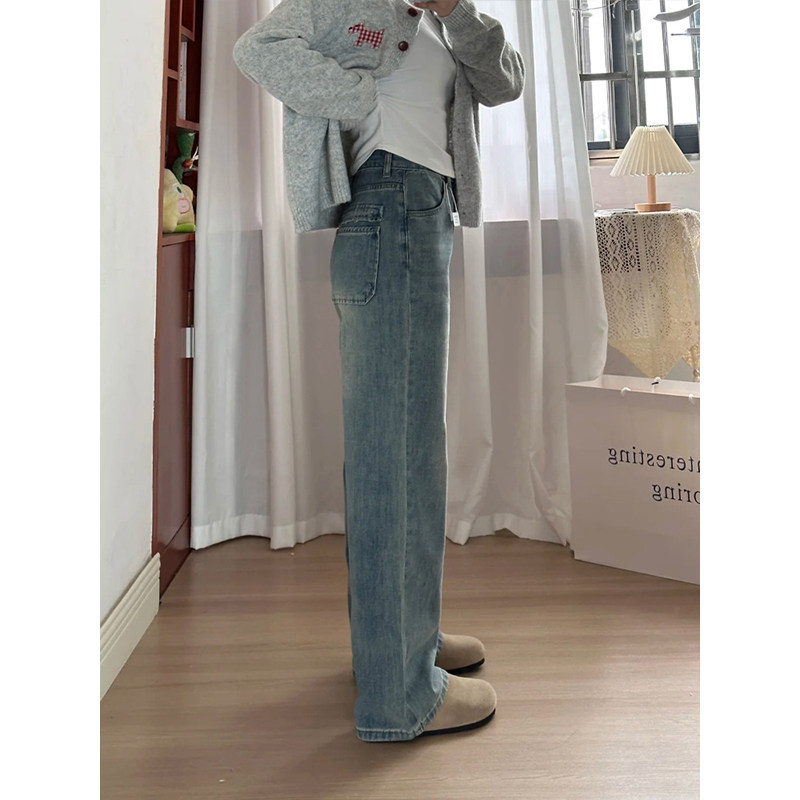 特大码女装蓝色高腰显瘦牛仔裤女2025新款裤子宽松遮肉窄版直筒裤 - 图1