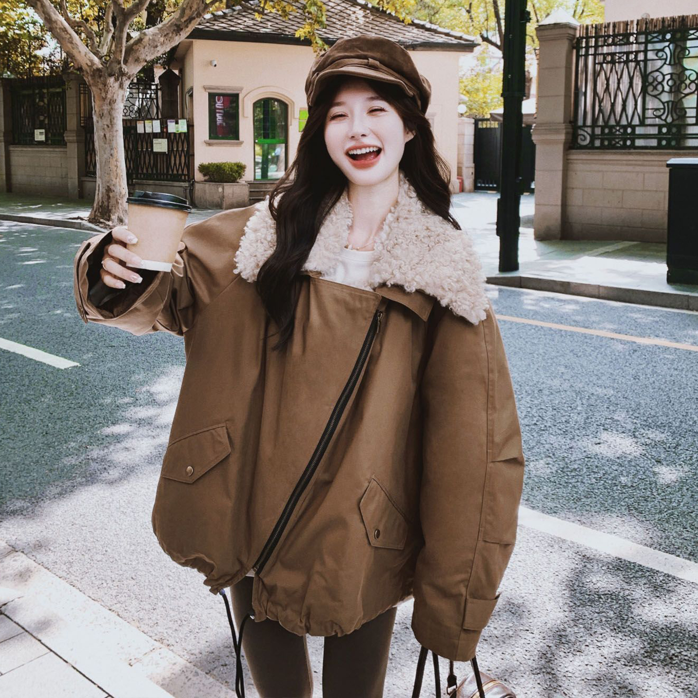 300斤特大码女装美式高街羊羔毛棉服女胖mm韩系工装高级感厚外套 - 图2