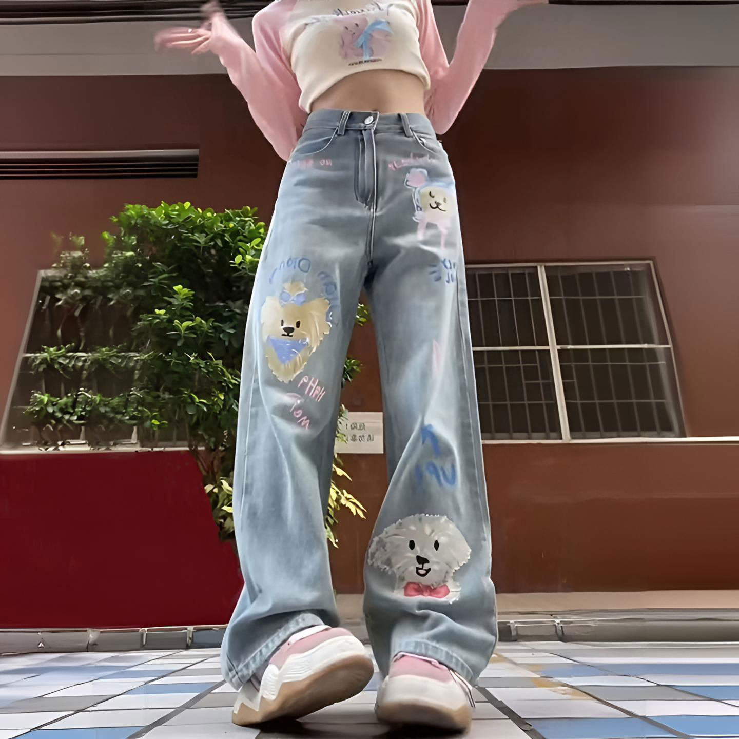 胖mm特大码女装美式卡通印花牛仔裤女韩系学院风显瘦垂感直筒裤子,淘宝优惠券,粉丝福利购,淘宝优惠卷
