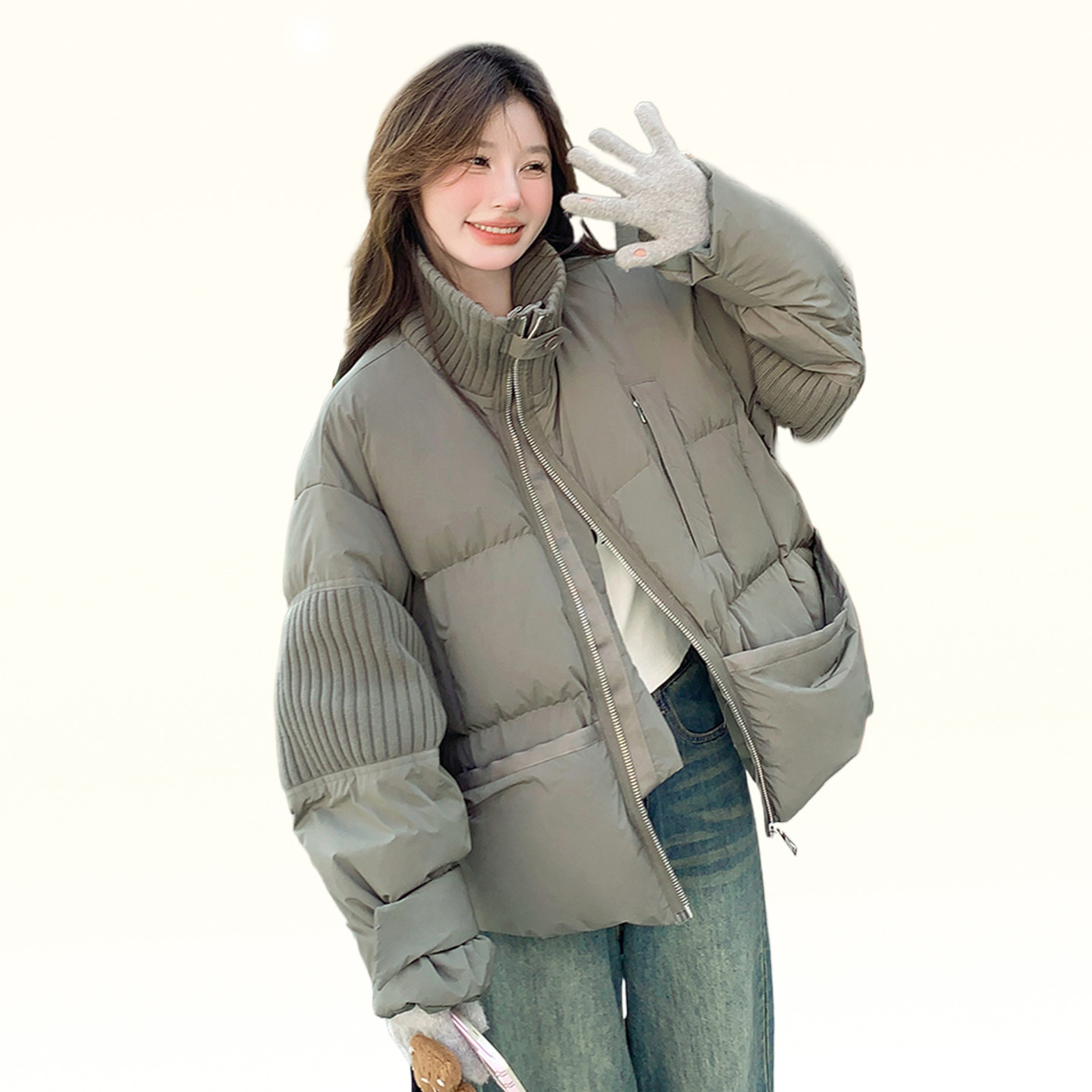 300斤大码女装宽松设计感立领棉服上衣女冬季防寒保暖灰绿色棉衣 - 图1