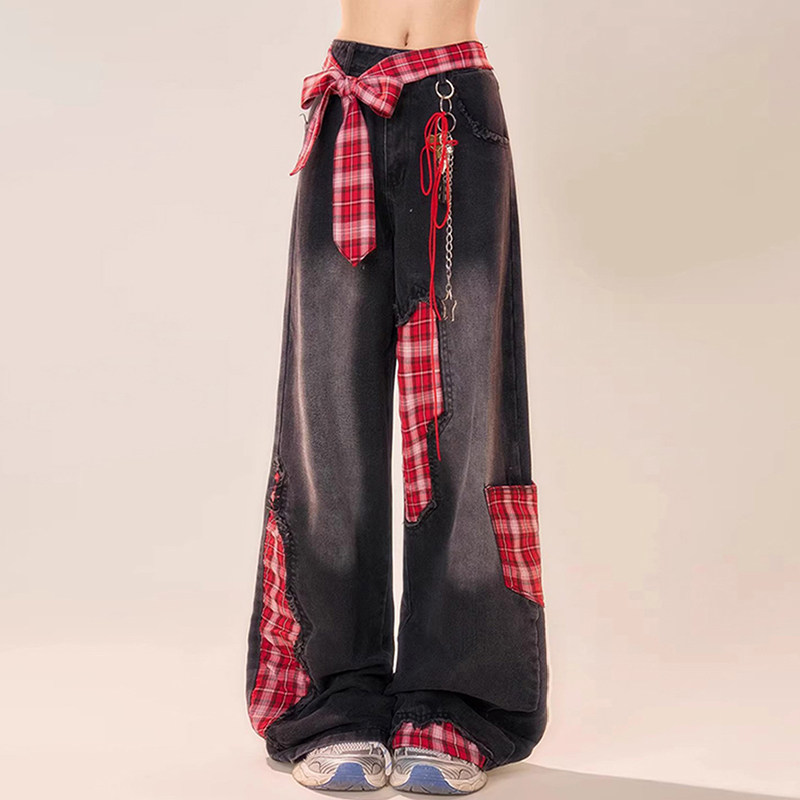大码女装黑色格子贴布拼接牛仔裤女胖mm高腰设计感绑带不规则长裤,淘宝优惠券,粉丝福利购,淘宝优惠卷