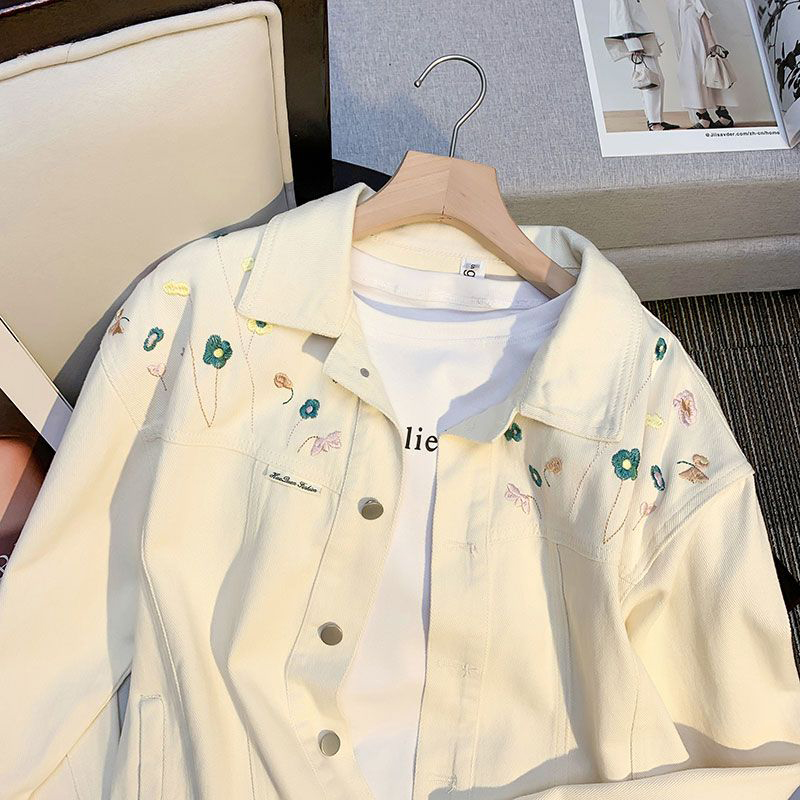 300斤大码胖mm高级感刺绣白色牛仔外套女秋季宽松休闲夹克上衣女 - 图0