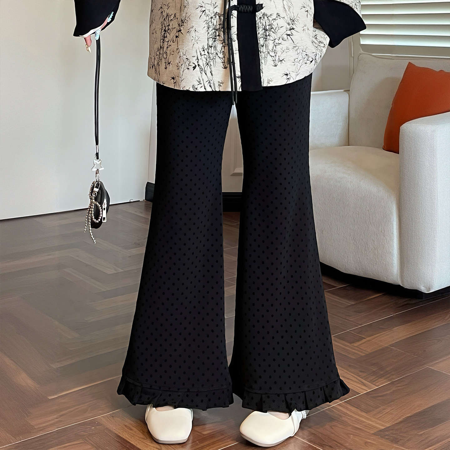 300斤大码女装黑色波点辣妹风微喇裤女胖mm修身显瘦慵懒风长裤子,淘宝优惠券,粉丝福利购,淘宝优惠卷