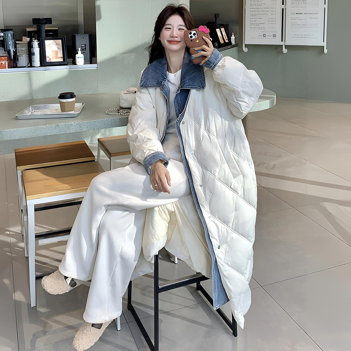 胖mm特大码米白色牛仔拼接棉服女韩系百搭设计感慵懒风中长款外套,淘宝优惠券,粉丝福利购,淘宝优惠卷