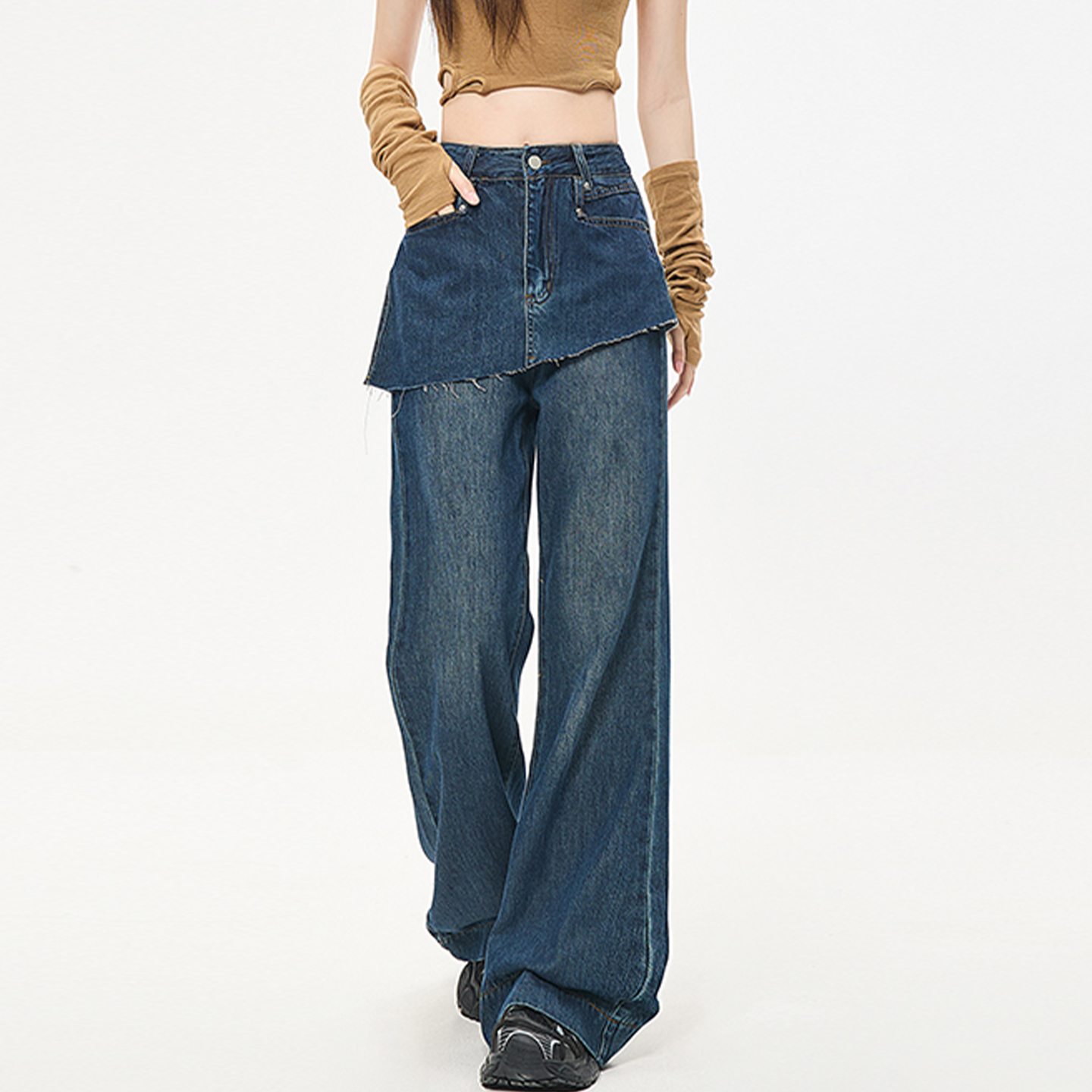 300斤特大码毛边微喇牛仔裤女胖mm宽松不贴腿假两件屁帘喇叭裤子 - 图2