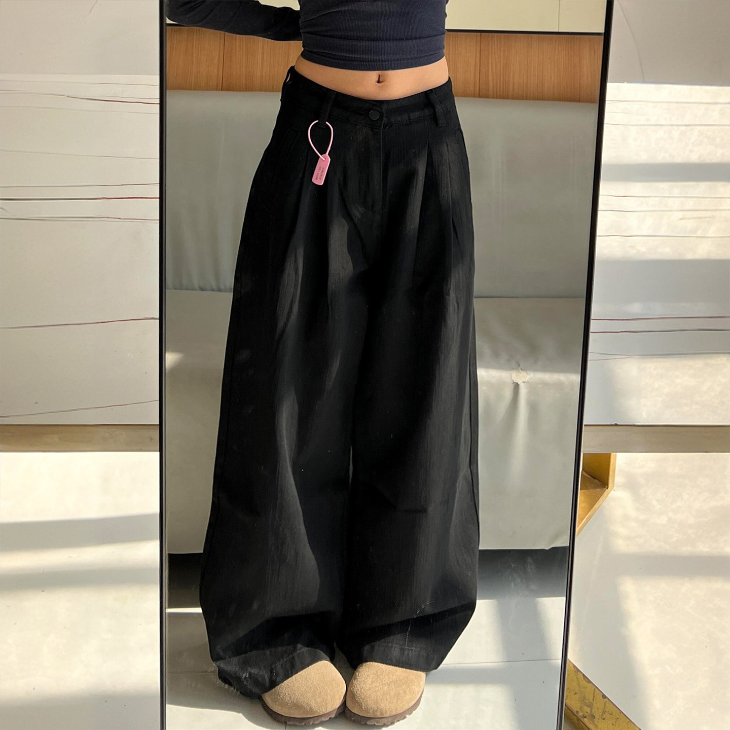 胖mm大码美式高街显瘦黑色阔腿牛仔裤女高级感简约百搭休闲长裤子,淘宝优惠券,粉丝福利购,淘宝优惠卷