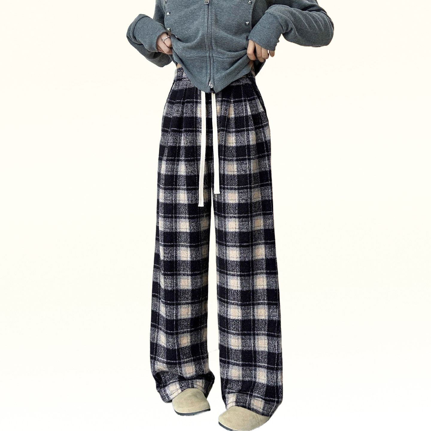 特大码女装学院风显瘦运动卫裤女胖mm慵懒风休闲百搭格纹直筒裤子,淘宝优惠券,粉丝福利购,淘宝优惠卷