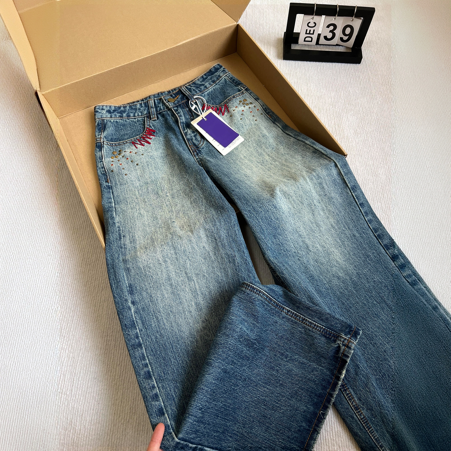 300斤大码女装美式高街蓝色加绒牛仔裤女胖mm设计感加厚阔腿裤子,淘宝优惠券,粉丝福利购,淘宝优惠卷