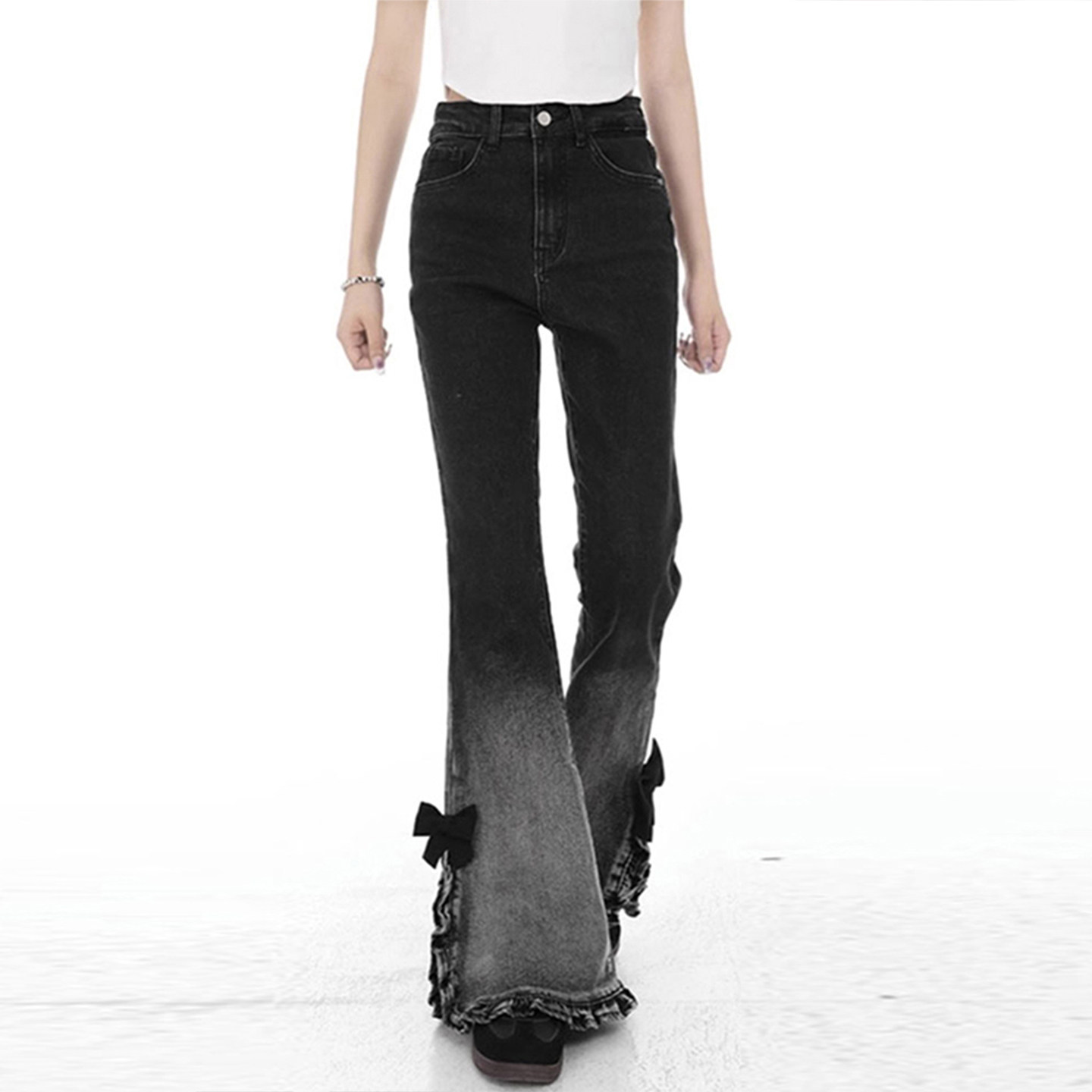 特大码女装美式复古微喇牛仔裤女胖mm弹力显瘦蝴蝶结花边马蹄裤子,淘宝优惠券,粉丝福利购,淘宝优惠卷